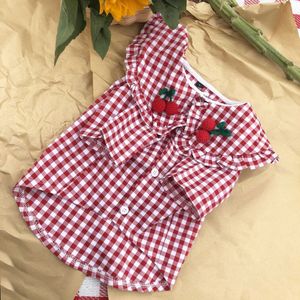 FATHIN Spring Plaid Dog Shirts Sweet 3D Embroidery Cherry Dog Shirts In Dog Clothing for Outdoor Vacation S-XXL