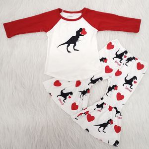 Baby meisjes Valentines outfits kleding sets rode kleur hart print dinosaurus raglan bell bottoms broek kleding 2pcs