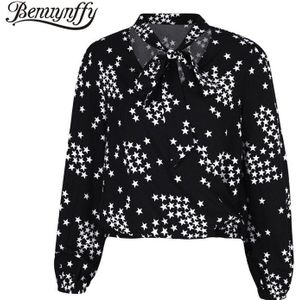 Benuynffy Lange Mouw Strikje Hals Blouse Vrouwen Elegante Print Chic Dames Tops Herfst Mode Streetwear Elastische Vrouwelijke Blouses