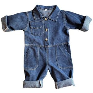 2022 Kinderen Denim Overalls Jumpsuit Kids Jeans Peuter Jongen Broek Koreaanse Baby Kleding Meisjes Lange Mouw Romper Playsuit