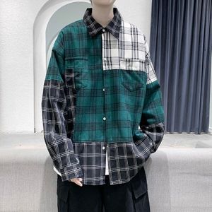 Mannen Shirts Lange Mouwen Casual Turn-Down Kraag Grote Maat Plaid Koreaanse Patchwork Losse Studenten Paar 'S Shirt