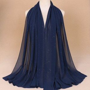 1Pc Marineblauwe Monochrome Sjaals Voor Vrouwen Dunne Ademende Cover Mode Bestrooid Met Goud Pailletten Parel Chiffon Sjaal