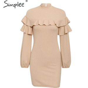 Simplee Coltrui chic vrouwen korte jurk elegante Ruches lantaarn mouwen vrouwelijke winter jurk Casual dames herfst jurk