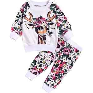 Pasgeboren Baby Meisjes Kleding Winter Kerst Cartoon Deer Print Lange Mouwen Tops Bloemen Broek Outfits Set Moda Infantil