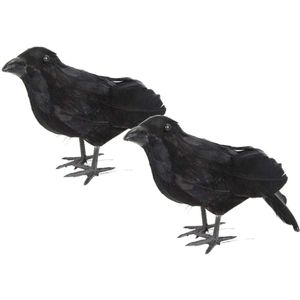 2x Levensechte Zwarte Kraai Vogel Standbeeld Raven Model Boom Ornament Vogels Afstotende