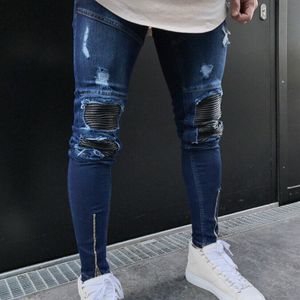 mannen PU lederen patchwork ripped jeans enkel rits punk hiphop denim broek heren hip hop skinny stretch biker jeans