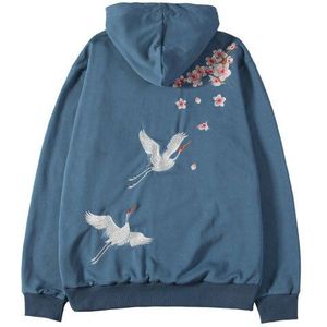 GONTHWID Geborduurde Chinese Karakters Kersenbloesems Crane Dunne Hoody Heren Harajuku Casual Trui Hoodies Tops