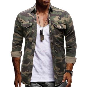 Mannen Denim Shirt Camouflage Button Up Denim Cargo Pocket Turn Down Kraag Top Blouse Camisa Hawaiianstreetwear Blouses