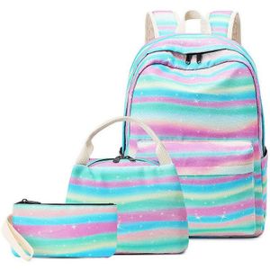 Fengdong Schooltassen Voor Tienermeisjes Mode Streep Waterpfoof School Rugzak Set Kinderen Voedsel Zak Kids Pen Potlood Tas Set