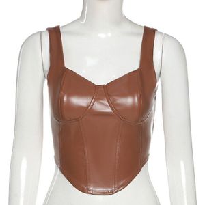 Cryptografische Mode Pu Leer Sexy Push Up Bruin Corset Crop Tops Voor Vrouwen Club Party Mouwloze Backless Camis Top Cropped