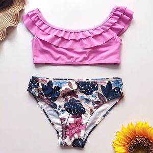 5-14 Years Girl Swimsuit Kids Off Shoulder Teenage Girl Bikini Ruffle Two Piece Children's Swimwear Tropical Girls Bathing Suit