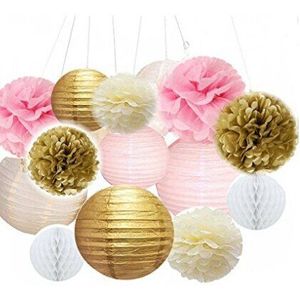 Pak van 14 Gemengde Ivoor Roze Goud Wit Party Decor Kit lantaarn Papier Ster Guirlande Tissue Pom Poms Opknoping Bloem Bal deco