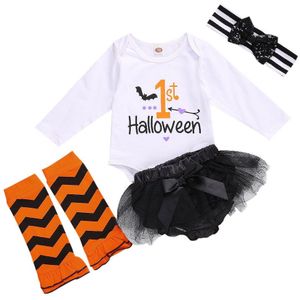 Focusnorm 0-18M Halloween Kids Baby Meisjes Jongens Kleding Sets Pompoen Print Romper Kant Shorts Hoofdband Beenwarmers