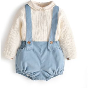 2 Stuks Kinderen Spaans Boutique Kleding Baby Jongens Verjaardag Doop Kleding Set Peuter Lange Mouw Wit Shirt + Blauwe Overalls