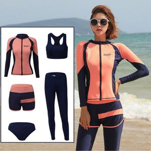 Vrouwen Lange Mouwen Zip-Up Rashguard 5Pcs Surf Swim Run Yoga Dive Zon Uv-bescherming Suits Volledige lichaam Met Bikini Activewears