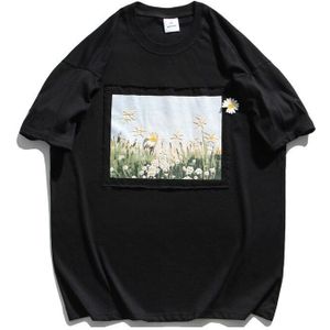 Zomer Mannen Vrouwen T-shirts Canvas Patch Daisy Printing Trendy Mannen Korte Mouwen Tees Casual Paar Tops Mannelijke Korte mouwen