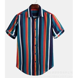 Zomer Mannen Streep Korte Mouwen Losse Casual Kleurrijke Mode Shirt Mannelijke Katoen Beach Hawaiian Shirts FM040