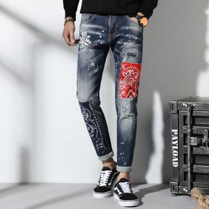 Mannen Jeans Slim Fit Patchwork Denim Ripped Zipper Biker Skinny Gat Borduurwerk Patch Stijlvolle