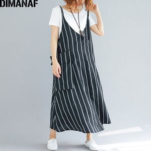 DIMANAF Vrouwen Jurk Zomer Plus Size Femme Zonnejurk Mouwloze Linnen Gestreepte Zwarte Dame Elegante Vestido Lange Jurk Dunne Kleding