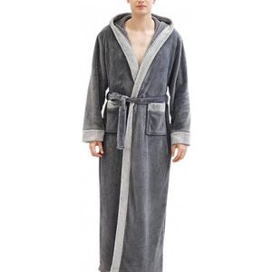 Mannen Herfst Winter Flanel Lange Mouwen Maxi Badjas Zakken Hooded Nachtkleding Gewaad Nachtkleding