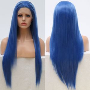 Bombshell Blauwe Zijdeachtige Rechte Synthetisch Haar Lace Front Pruik Hittebestendige Vezel Haar Natuurlijke Haarlijn Gratis Afscheid Voor Vrouwen