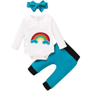 Pasgeboren Baby Meisjes Jongens Lente Herfst 3Pcs Set Lange Mouwen Borduren Regenboog Bodysuits Broek Hoofdband Outfits