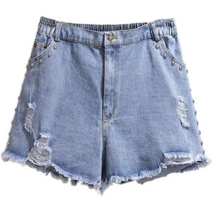 Zomer Plus Size Denim Shorts Voor Vrouwen Grote Losse Ongedwongen Elastische Taille Klinknagel Blue Hole Jeans Shorts 4XL 5XL 6XL 7XL