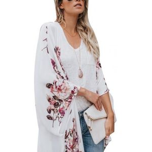 Vintage Vrouwen Zomer Strand Bloem Print Lange Mouwen Open Voorzijde Chiffon Kimono Vest Jas