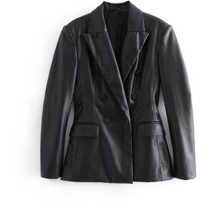 Vrouwen Black Faux Fur Pu Leather Blazer Double Breasted Jasje Mode Slanke Elegante Jas Dames Bovenkleding