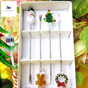 Creatieve Handgemaakte Murano Glas Kerstboom Fruit Vork Set Miniatuur Servies Rvs Cocktail Cake Dessert Sticks