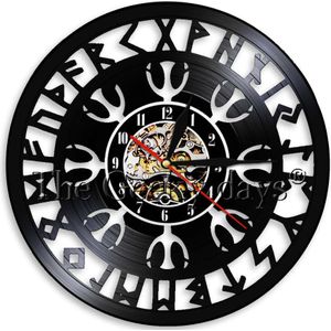 Viking Kompas Wandklok Horloge Vintage Opknoping Vinyl Record Wandklokken Mysterieuze Noorse Magick Wall Art Decor Voor Woonkamer