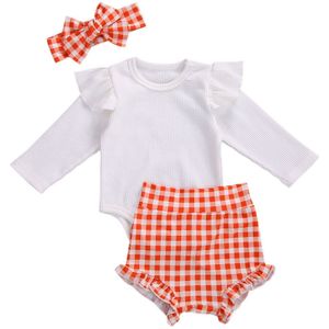 Baby Baby Meisjes Lente Herfst Outfits Effen Kleur Lange Mouwen Ruffle Geribbelde Romper + Plaid Shorts + Hoofdband 3Pcs kleding Set