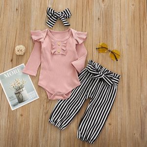 Herfst Baby Meisje Kleding Sets 3Pcs Pasgeboren Ruches Effen Romper Jumpsuit Streep Broek Hoofdband Outfits Peuter Kleding Leuke Set