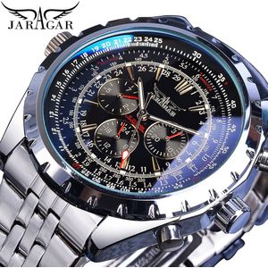 Jaragar Blauw Glas Zwart Zilver Automatische Horloge Roestvrij Staal Datum Klok Lichtgevende Mannen Zakelijke Mechanische Horloge