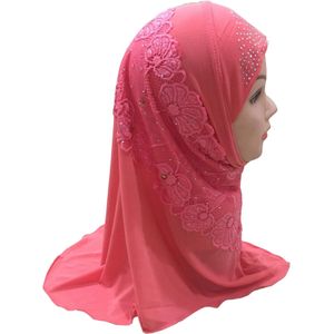 Kant Applique Moslim Praktische Kids Hijab Cap Met Rhinestone Islamitische Meisjes Amira Cap Klaar Te Dragen Sjaal voor Leeftijden 2 -7 hoofddeksels