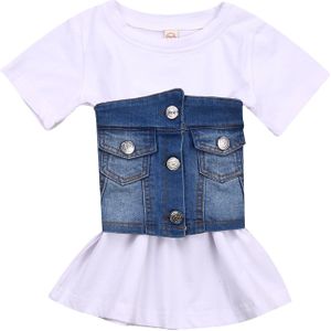 Baby Meisje Jurk, Denim Vest, Korte Mouw Losse Witte Top, Blauw Knoppen Borst Pocket Gewikkeld Vest