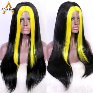 Aiva Haar Drag Queen Synthetische Pruik Geel Zwart Hittebestendige Non-Lace Synthetische Pruik Lijmloze Cosplay Pruiken Voor Zwarte vrouwen