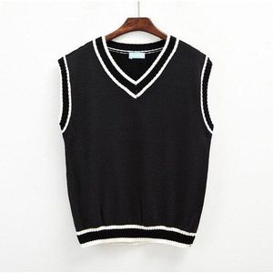 Casual Gebreide Vest Vrouwen Voorjaar Engeland Stijl Preppy V-hals Gestreepte Mouwloze Trui Trui Zwart Wit Tops T198