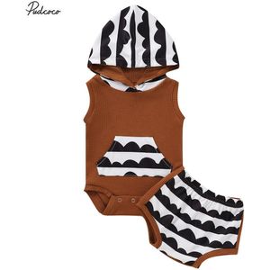 2 Stuks Pasgeboren Baby Meisjes Jongens Zomer Print Outfit Baby Mouwloze Hooded Romper Elastische Taille Shorts