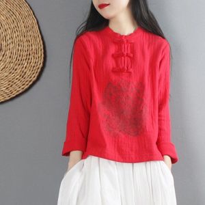 Traditionele Chinese shirt lange mouw mandarijn kraag blouses vrouwelijke zen kleding wit katoen linnen blouse AA4617
