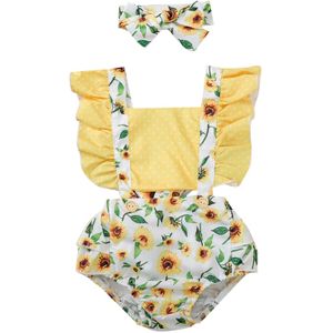 Focusnorm Mooie Zomer Baby Meisjes Jongens Bodysuits Watermeloen/Zonnebloemen Print Ruches Korte Mouw Backless Jumpsuits Hoofdband