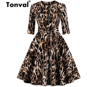 Tonval Retro Luipaard Print Rockabilly 95% Katoen Vrouwen Jurk Verstelbare Rits Belted Office Lady Herfst Vintage Jurken