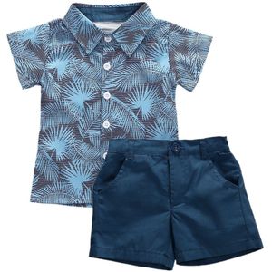 0-5Y Zomer Gentleman Kinderen Baby Jongens Kleding Sets Print Korte Mouwen T-shirts Tops + Blauwe Broek 2 Stuks