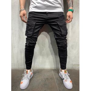 Zwarte Biker Cargo Jeans Mannen Multi-Pocket Slim Fit Joggers Broek Heren Gescheurde Gat Motorcycle Streetwear Denim Potlood broek