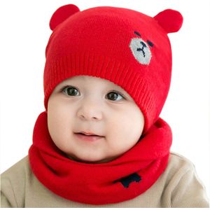 Nieuw Baby Winter Caps Sjaal Suits Warm Gebreide Beanie Cap Leuke Cartoon Beer Beanie