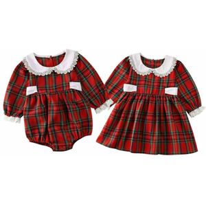 Bijpassende Grote Zus Jurk Zusje Romper Outfits Lange Mouw Kant Pop Kraag Plaid Baby Kids Meisjes Kleding Herfst Winter