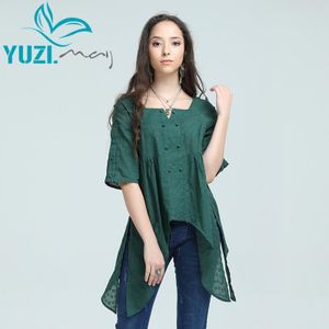Shirt Vrouwen Yuzi. kan Boho Katoen Polyester Blouse Vierkante Kraag Bloem Borduren Asymmetrische Blusas Feminina B9220