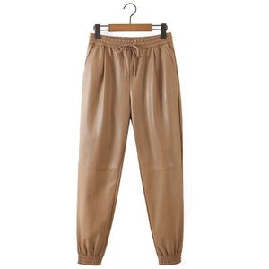 Tangada Vrouwen Kaki Pu Lederen Broek Stretch Taille Vrouwelijke Herfst Winter Schade Broek Broek 8H30