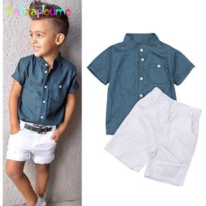 2 stuk Peuter Jongens Zomer Kleding Kinderen Dragen Mode Blauwe Korte Mouwen Baby T-shirt + Witte Broek Kinderen kleding Sets BC1466