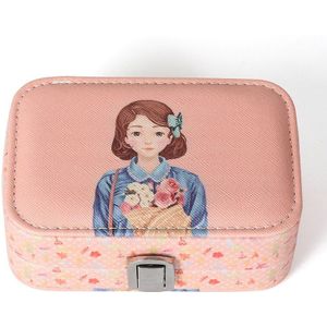 Cartoon Schoonheid Jewelry Case Display Reizen Bruiloft Ring Oorbellen Box Met Spiegel Draagbare Knop Lederen Opslag